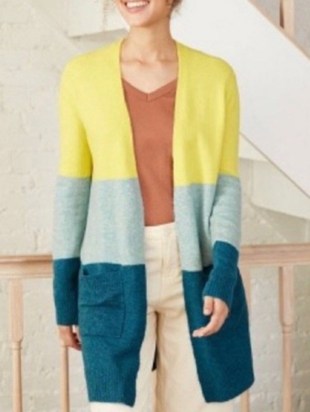 Colorblock Open Cardigan Sweater - Yellow, Green & Teal